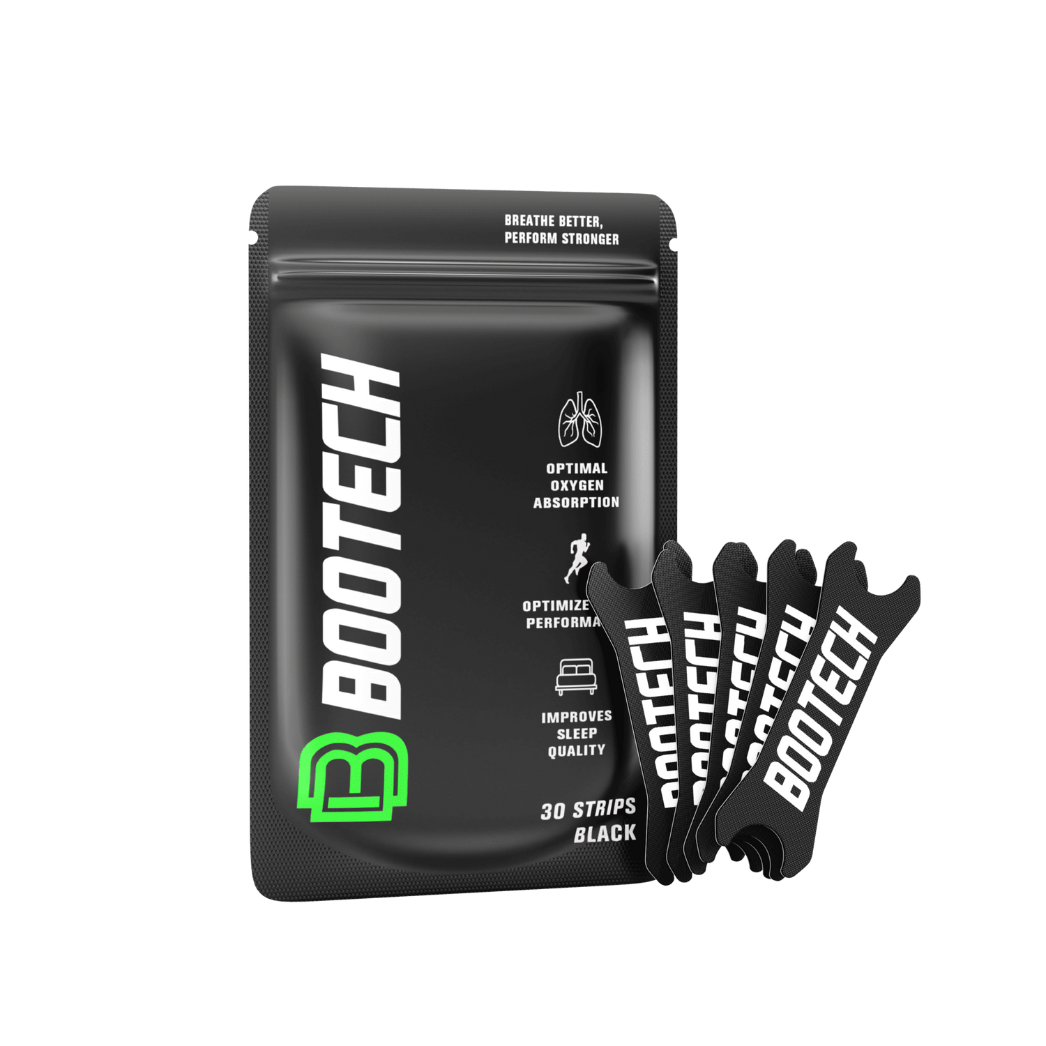 Tira nasal Bootech negra para mejorar respiración deportiva, empaque y tiras visibles