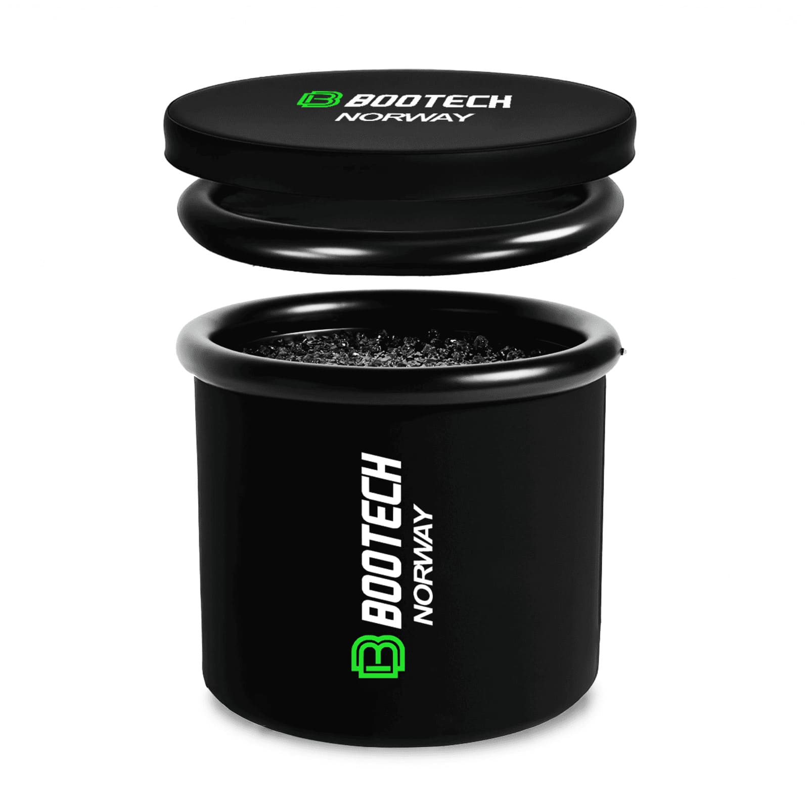 Recipiente negro Bootech Norway con tapa abierta y contenido granulado