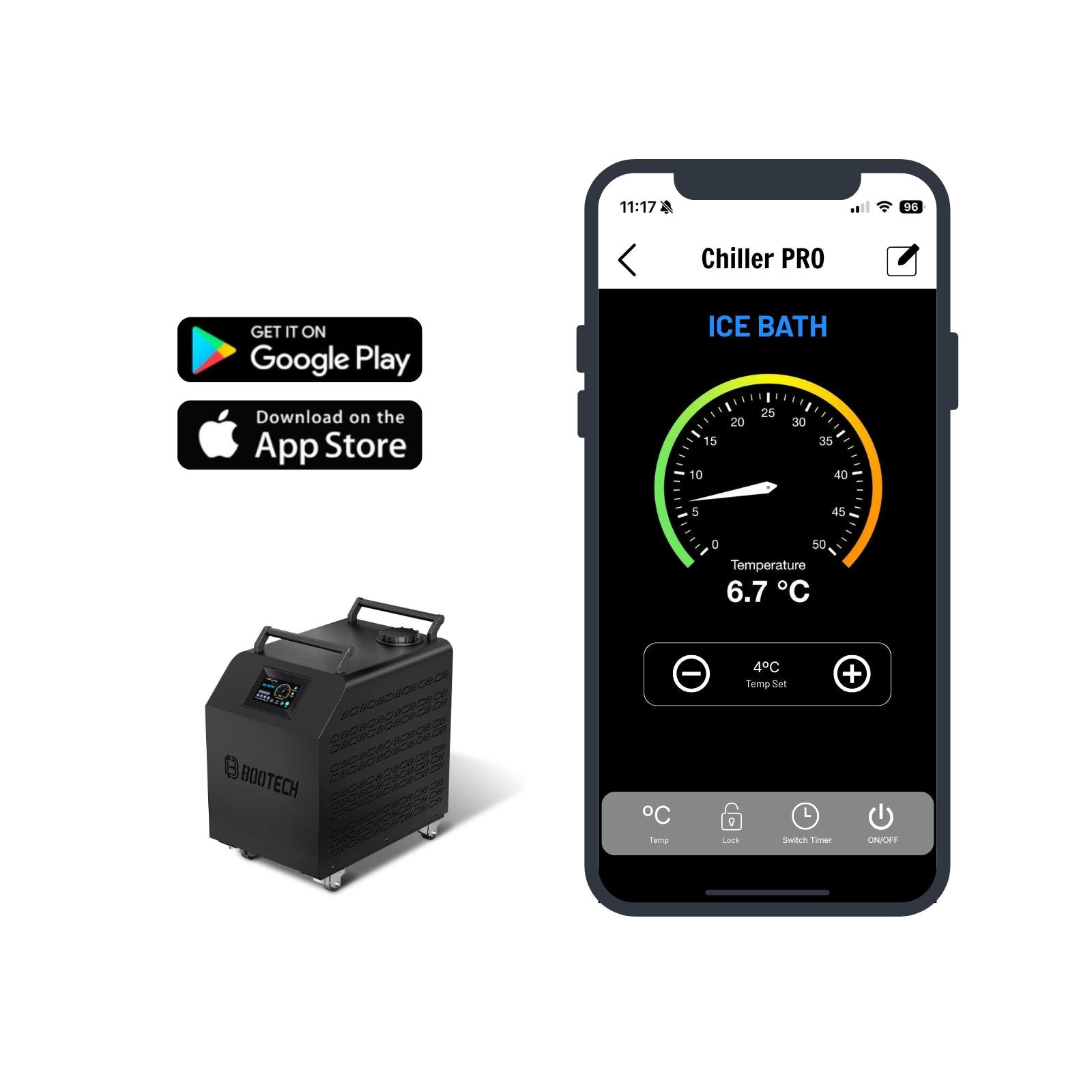 Dispositivo de crioterapia Chiller PRO con control por app para baños de hielo y recuperación muscular