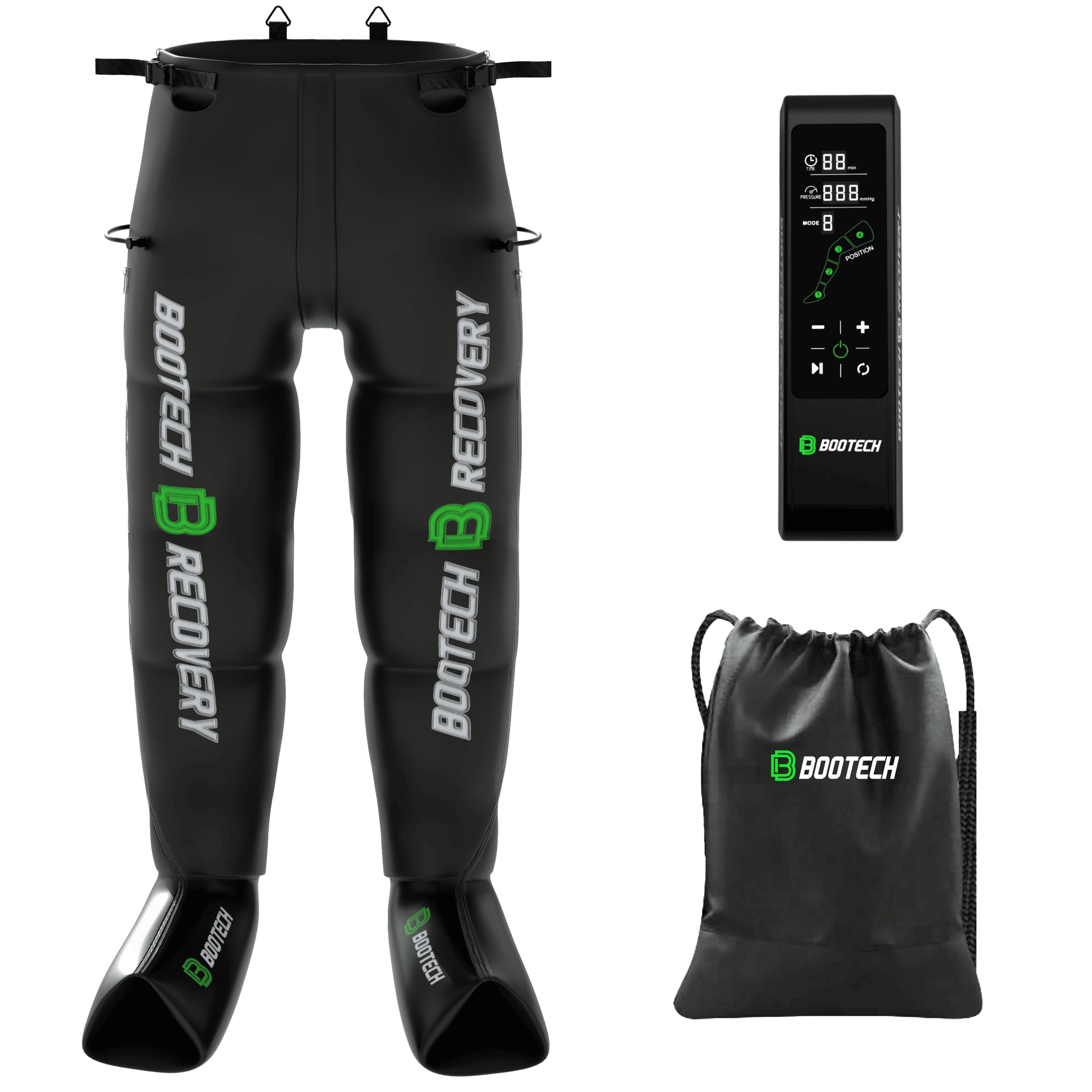 Dispositivo de presoterapia BOOTECH BT-LITE Recovery, control remoto y bolsa de transporte en fondo blanco.