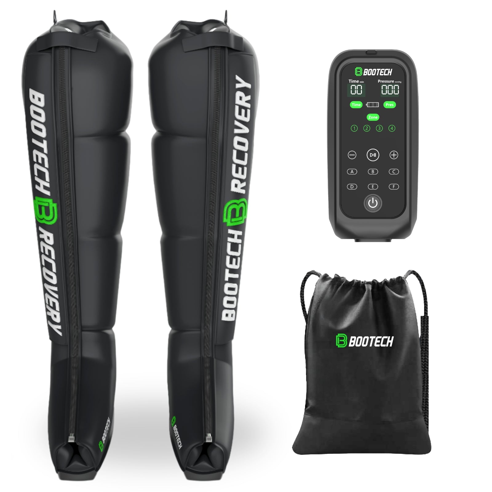 Equipo de presoterapia BOOTECH Recovery con botas, control remoto y bolsa, ideal para recuperación deportiva y estética en casa.