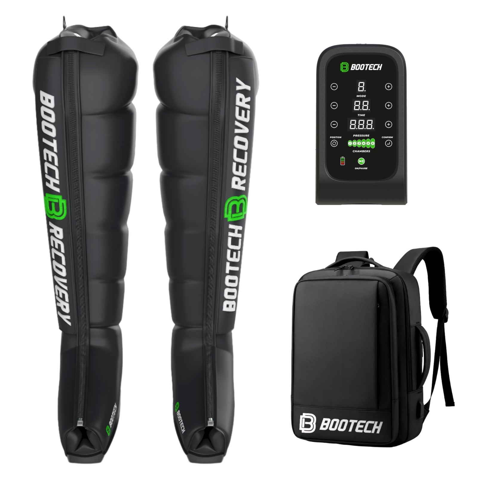 Equipo de presoterapia BOOTECH Recovery con botas, control y mochila, ideal para recuperación deportiva.