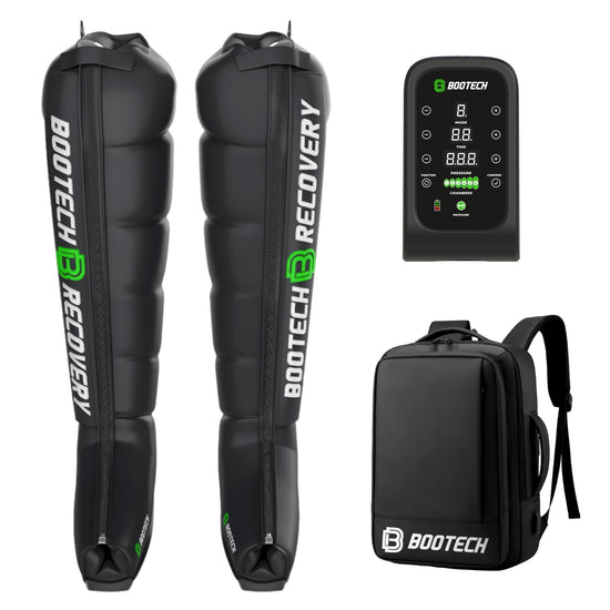 Equipo de presoterapia BOOTECH Recovery con botas, control y mochila, ideal para recuperación deportiva.