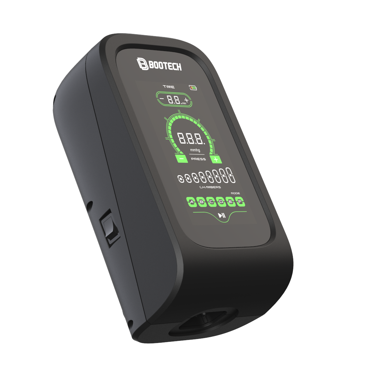 Dispositivo de presoterapia Bootech negro con pantalla digital para recuperación deportiva en casa.