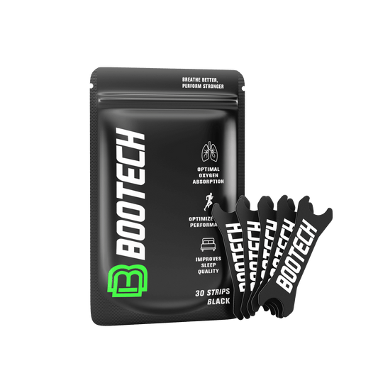 Tira nasal BOOTECH negra, empaque de 30 unidades para mejorar la respiración deportiva